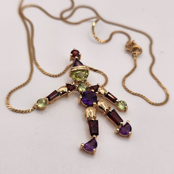 Whimsical 14k Yellow Gold Jester Natural Gemstones Pendant Necklace 16" - Picture 4 of 10